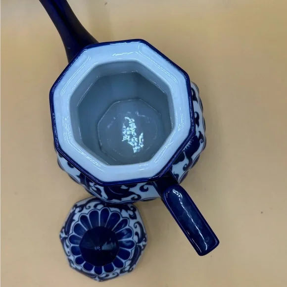 Antique Flow Blue octagonal teapot cobalt blue and white porcelain